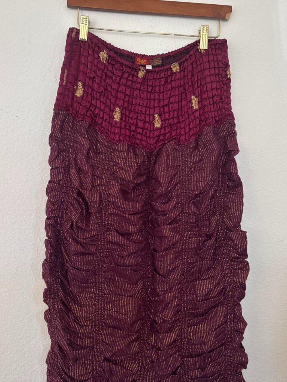Madja purple ruffled maxi skirt with gold pineapple embroidery and subtle